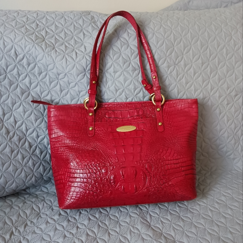 Brahmin red embossed leather tote bag